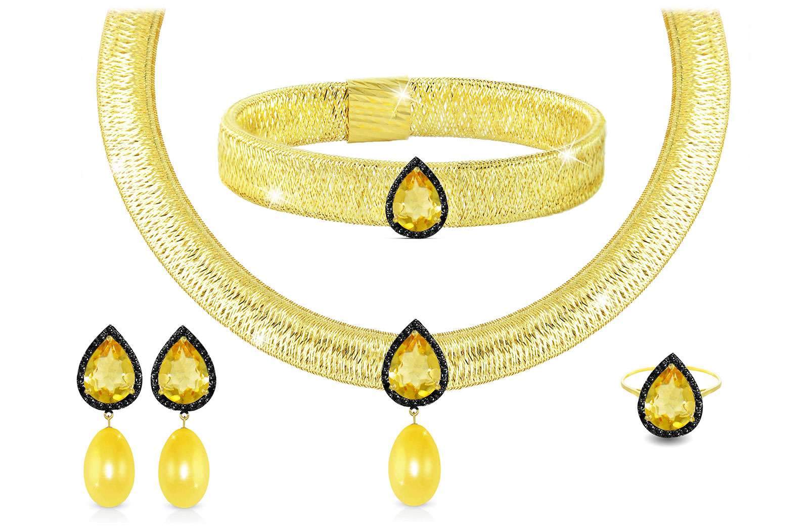 Vera Perla 18K Gold 0.60ct Black Diamonds, Citrine and 13mm Golden Pearl Jewelry Set - 4 pcs.